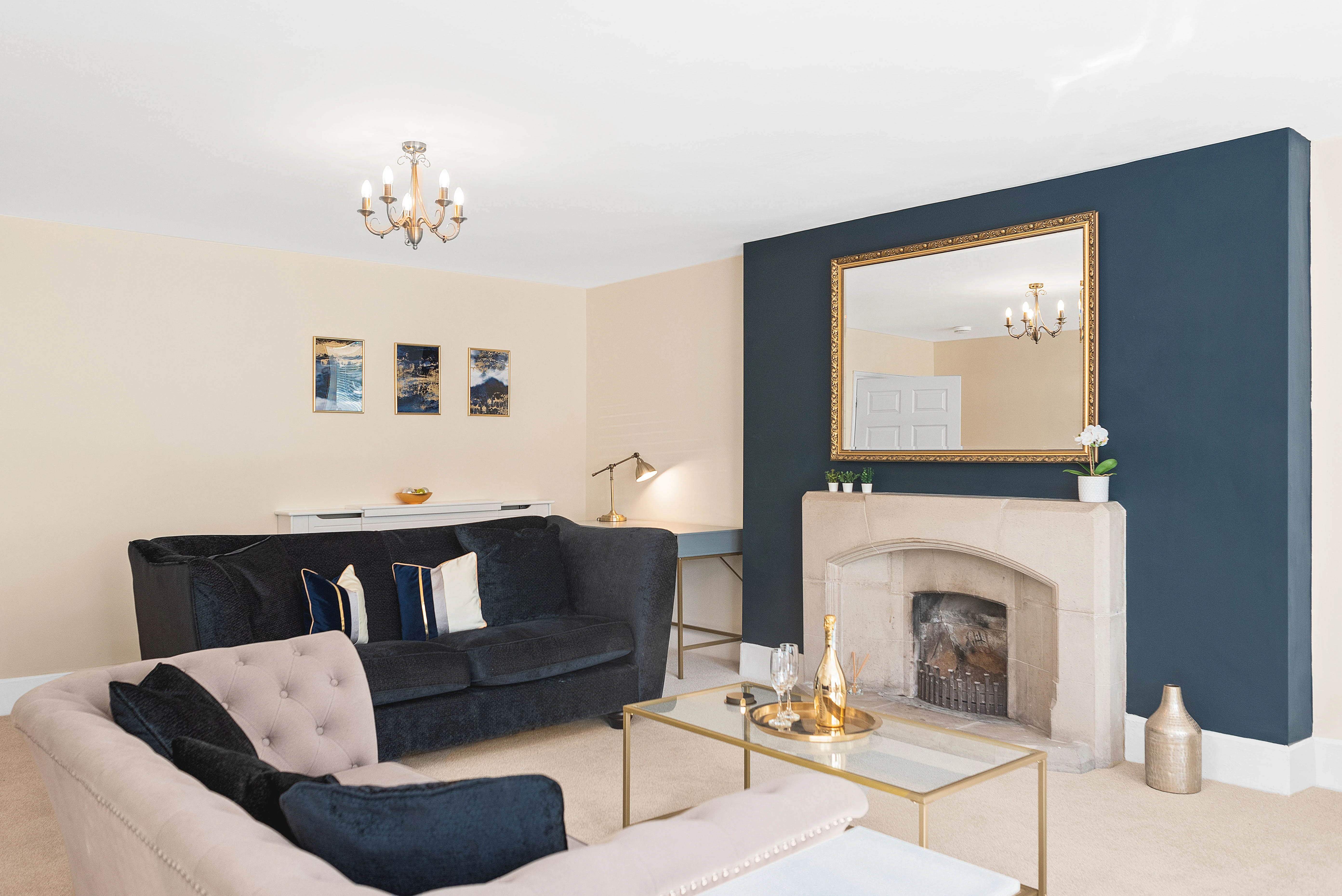 sophisticated living room navy sofa gold accents
